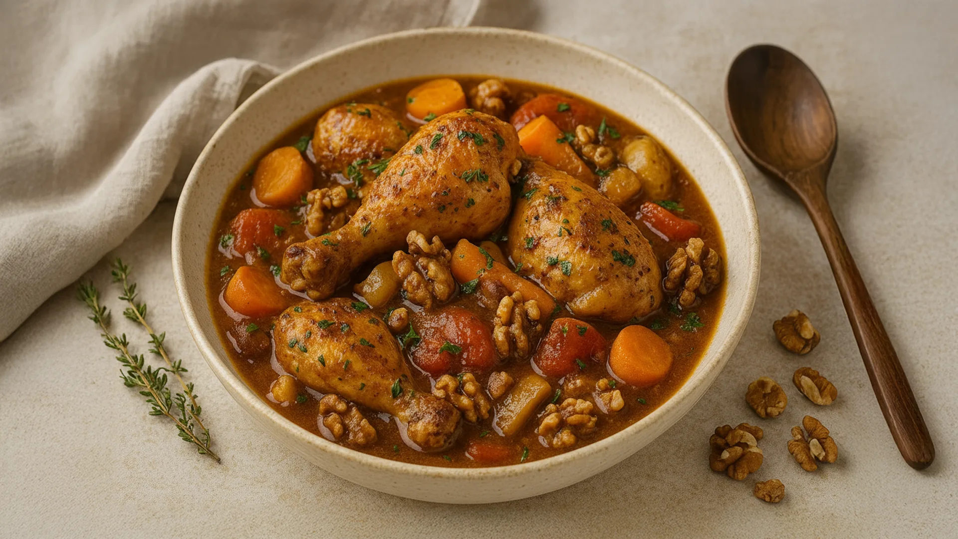 <span>Estofado de pollo con verduras y nuez</span>
