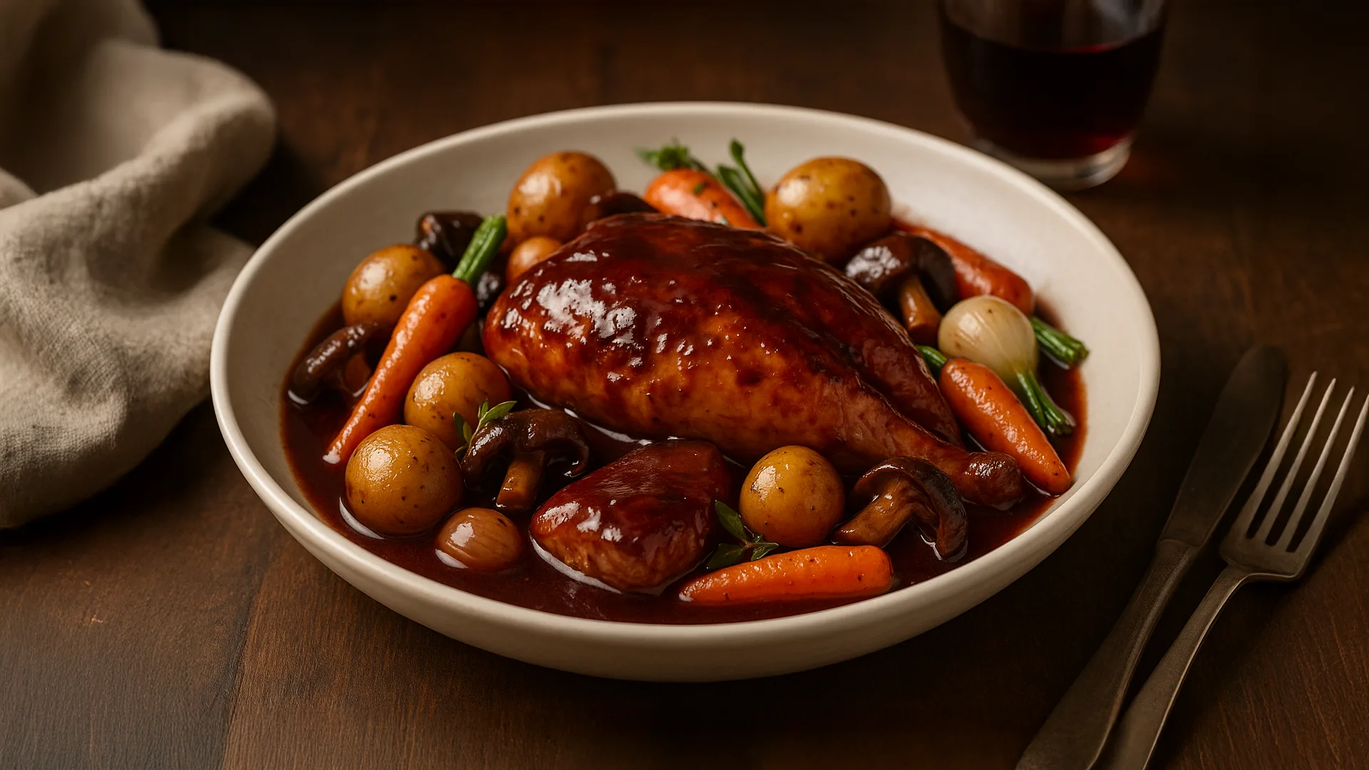 Pollo con salsa de vino tinto
